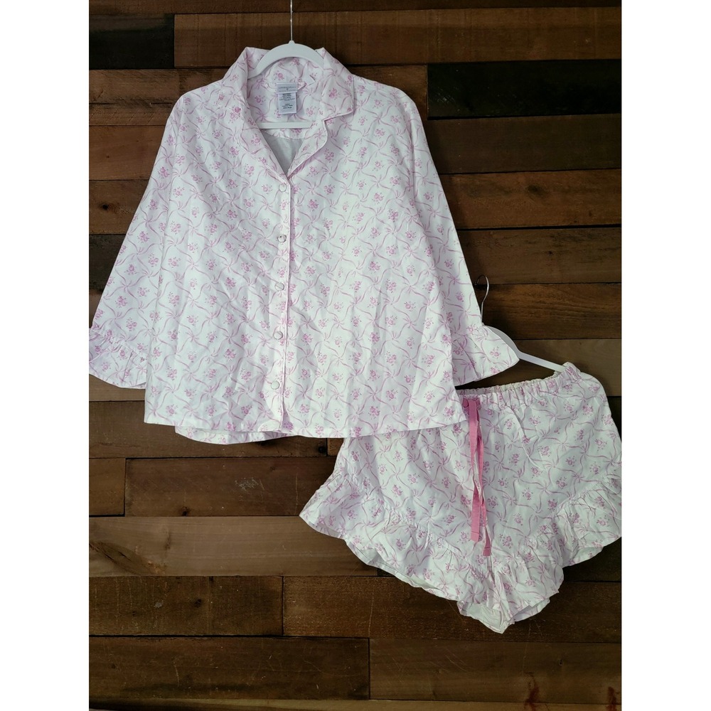 LoveShackFancy Pink 100% Cotton Floral Bow Loungewear Pajama Set Medium Ruffle